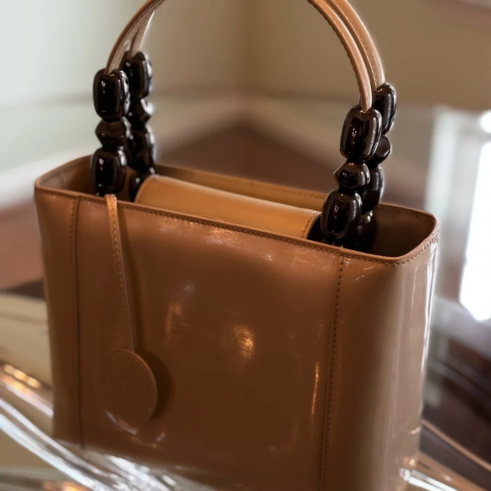 Polished Christian Dior Tan Patent Shoulder Bag with Glossy Bead Handles - Picture 5 of 13